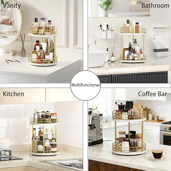 Bathroom Organizer Countertop,2 Tier Rotating Makeup Organizer Countertop for Vanity,Wooden Bathroom Counter Storage Shelf,Lazy Susan Turntable for Perfume,Skincare,Cosmetic (White-Gold)