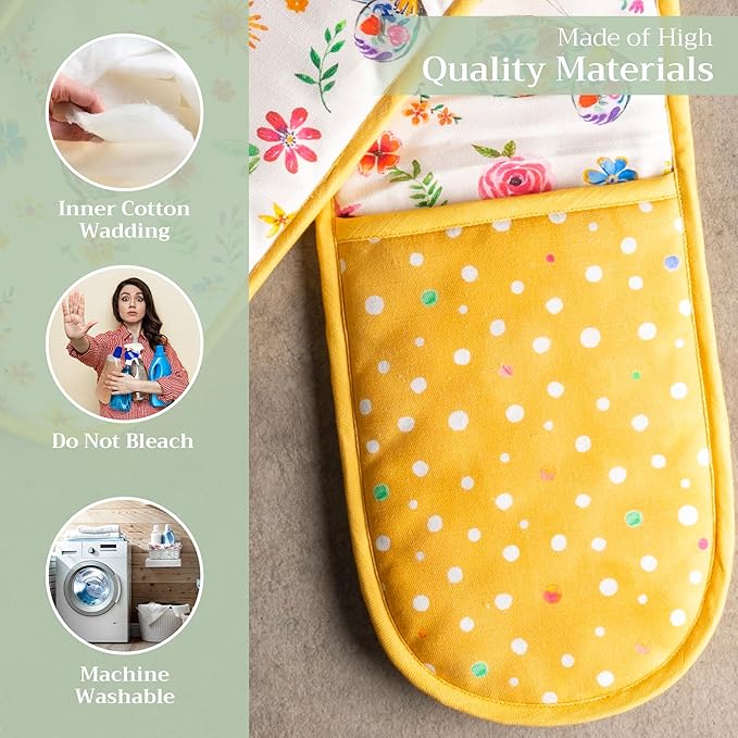 Maison d' Hermine Double Oven Mitts 100% Cotton 7"x35" Double Oven Mitt Heat Resistant BBQ Cooking Gloves with Loop Baking Grilling Gifts for Mothers Day Spring Summer (Happy Florals - Sweety)