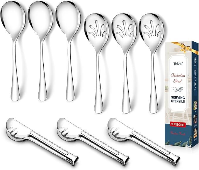 Teivio Stainless Steel Metal Serving Utensils - Large Set of 9-10" Spoons, 10" Slotted Spoons, and 9" Tongs (Silver)