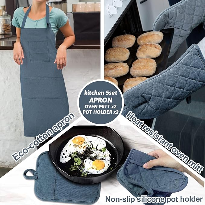 Oven Mitts and Pot Holders with Cooking Apron Set of 5, Heat Resistant Kitchen Gloves and Silicone Non-Slip Potholders, Adjustable Neck Buckle Chef Apron, Cotton Nice Design for Cooking （Navy…