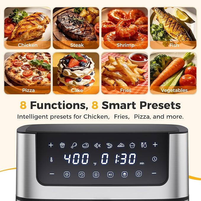 NEWBULIG Air Fryer 6.34QT, Airfryer with Visible Window, 400℉ Fast Heating Air Fryers Oven with Nonstick and Dishwasher-Safe Basket, 8-in-1 Cooking Preset, Timer，Auto-Off, Stainless Steel, Black