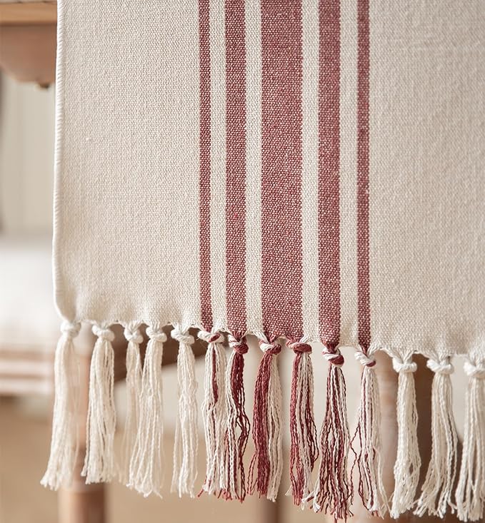 Boho Table Runner for Modern Farmhouse Fall Decor, Dining Table décor 13 x 90 Inch Long with Handcrafted Tassels, Rust and Beige Stripe Table Runner for Home Boho décor