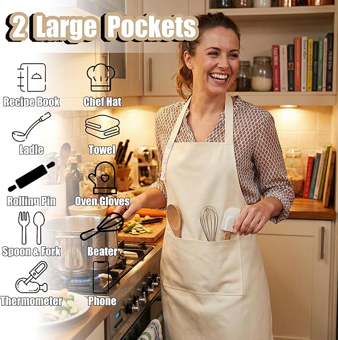 TOSHE Kitchen Apron Waterdrop Resistant Cotton Apron with adjustable Aprons for Women with Pockets 10 Color option Cooking Cream Apron (Cream)