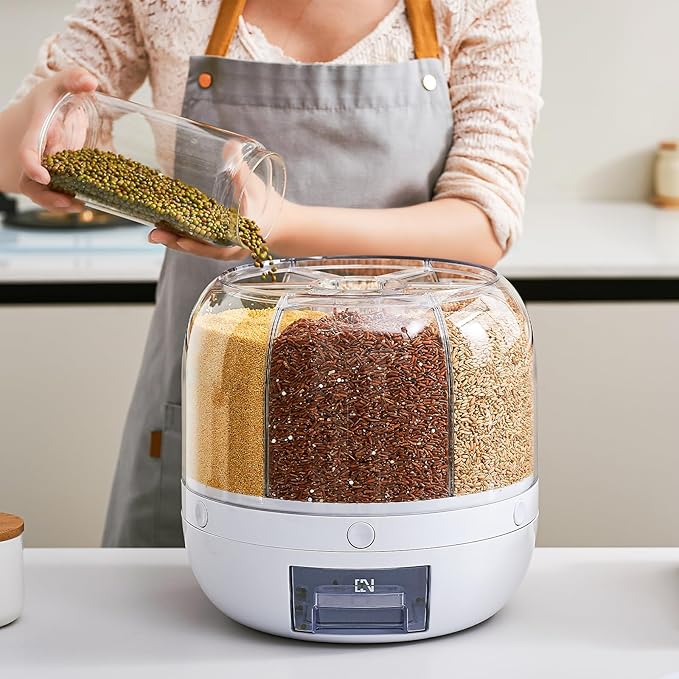 Rice Dispenser | 360° Rotating Grain Storage Bin - 6 Grids, 10LBS Large Capacity Food Container, Moisture-Proof, One-Click Output for Rice, Beans & Pet Food - Kitchen Pantry Organizer (White)