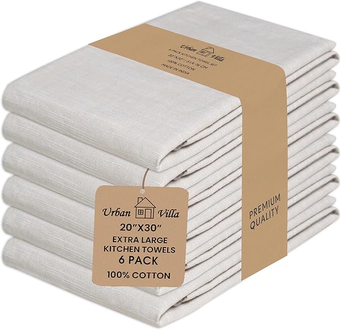 Urban Villa Harvest Kitchen Towels Premium Quality 100% Cotton Solid Kitchen Towels Set of 6 Ultra Soft Size 20X30 Inches Chambray Beige/White Color Kitchen Towel Highly Absorbent Kitchen Towels
