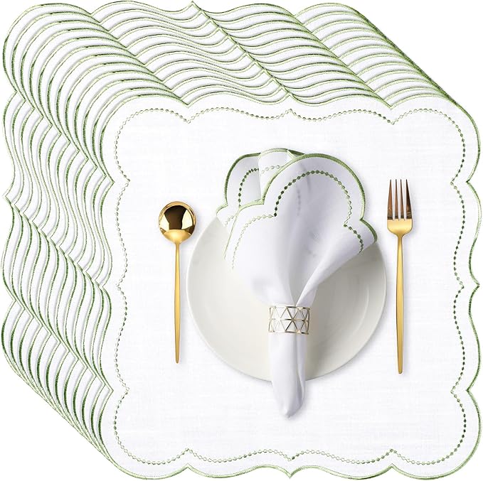 Hahafelt 12 Set Cloth Napkins 18x18inches Scalloped Embroidery Cloth Napkins Washable Polyester Table Dinner for Hotel Restaurant Weddings Events Parties (Sage Green)