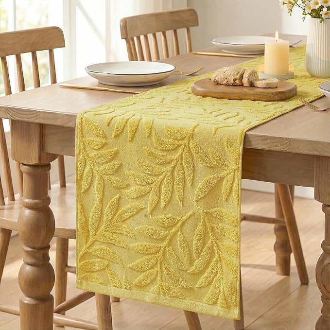 Artoid Mode Yellow Soft Cotton Jacquard Leaves Spring Table Runner, Holiday Kitchen Dining Table Decoration for Home Party Decor 13x72 Inch