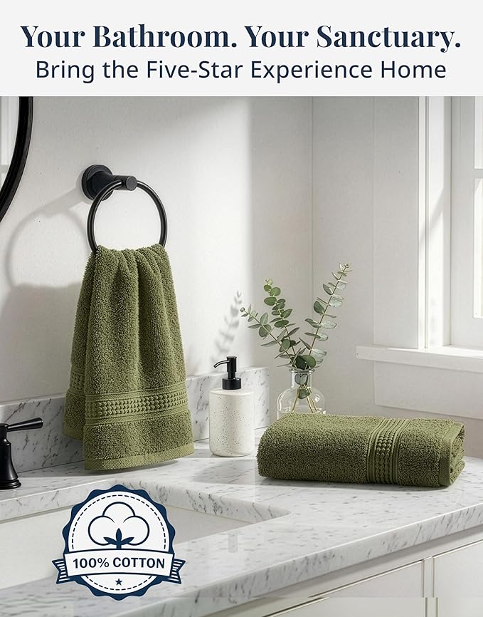 LANE LINEN Bath Hand Towels for Bathroom - 4 Pack (16" x 28"), 100% Cotton Hand & Face Towels Set - Soft, Prevent Fraying & Machine Washable - Everyday Family Towel, Gets Softer Each Wash - Oil Green