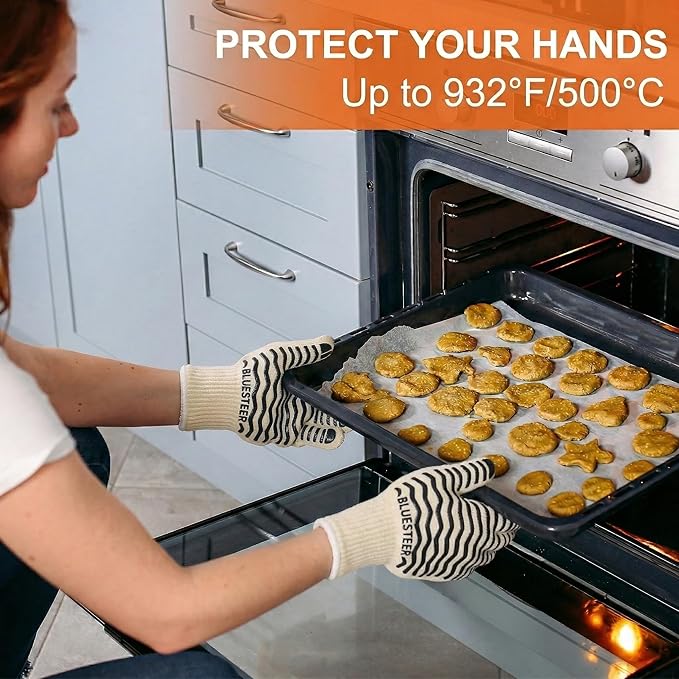 Oven Gloves 932°F Heat Resistant Oven Mitts with Fingers, Heat Proof BBQ Grill Gloves Silicone Grip Fireproof Gloves for Kitchen Cooking Grilling Baking