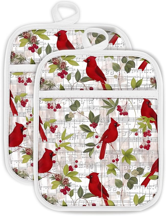 Swooflia 100% Cotton Pot Holders 2 Pack Set for Kitchen with Pockets - Cute 440°F Heat Resistant Oven Hot Pads Heavy Duty for Countertop Home Cooking Baking Microwave BBQ Bird