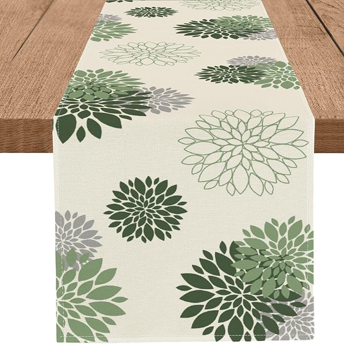 Sage Green Grey Table Runner Dahlia Pinnata Flower Beige Table Runners Modern Elegant Pompon Farmhouse Geometric Table Center Decor for Home Dining Party Entrance (13 x 36 Inch)
