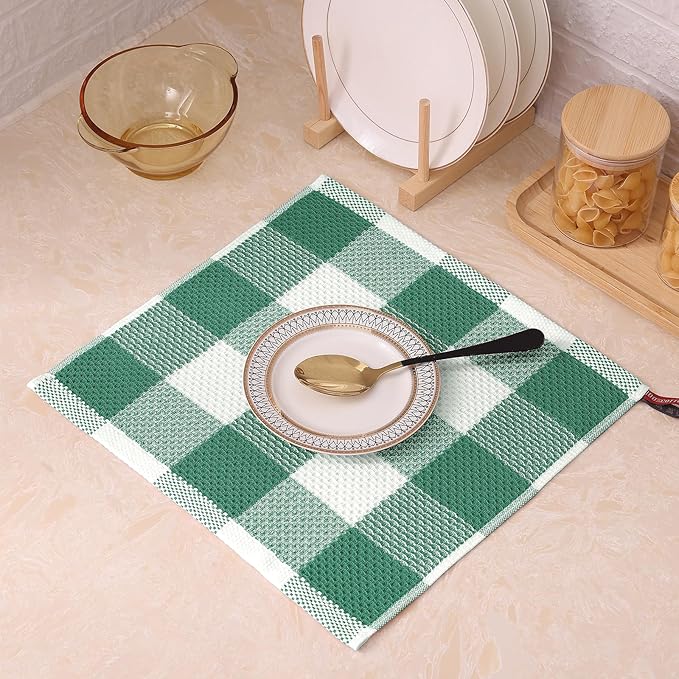 Mordimy 100% Cotton Waffle Weave Plaid Dish Cloths, 12 x 12 Inches, Super Soft and Absorbent Quick Drying Buffalo Check Dish Rags for Kitchen, 6-Pack, Dark Green & White