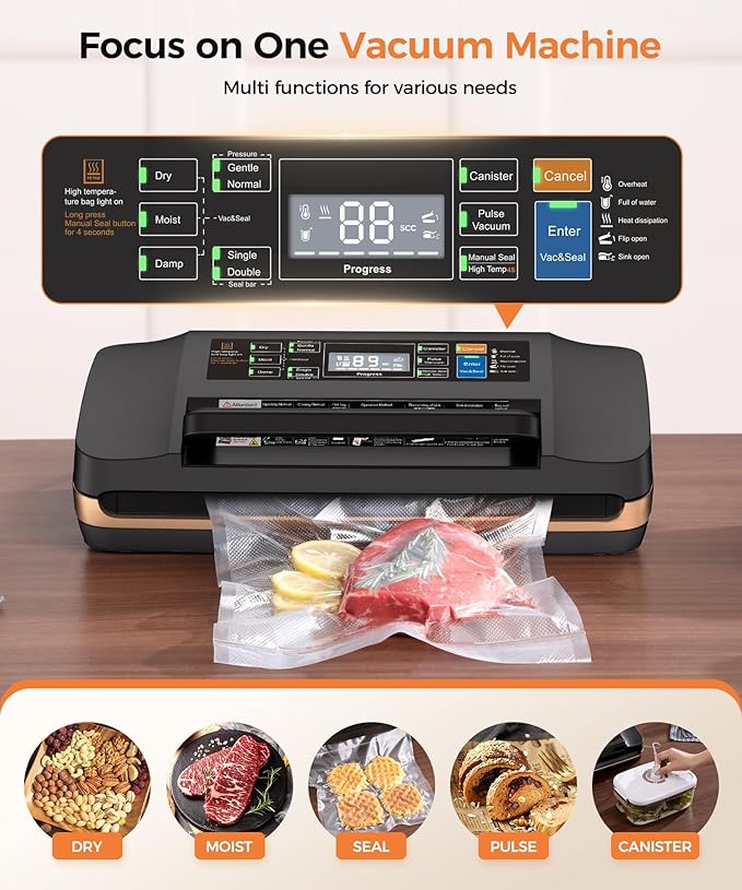 Vacuum Sealer Machine, 95KPa Commercial Food Saver with Double Seal Strips for 2X Strength, Built-in Cutter & Bag Storage, Easy-Lock Handle, Includes 1 Roll & 10 Pre-cut Bags, Black