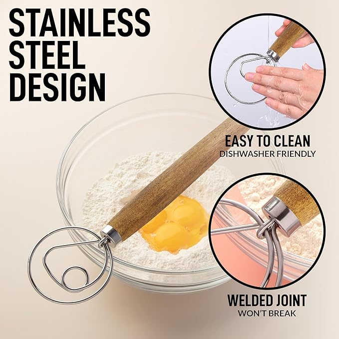 Zulay Kitchen 13-Inch Danish Dough Whisk - Stainless Steel Wooden Whisk with Dough Hook - Sourdough Whisk for Bread, Pizza, Pastry, Cake Batter & More - 2 Pack Acacia