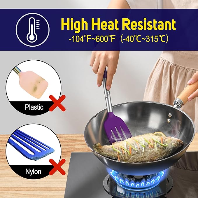 HOTEC Silicone Spatula Set of 2 Heat-Resistant 600°F & BPA-Free Kitchen SaptulaTurner with Stainless Steel Handles, Slotted & Solid Spatulas for Nonstick Cookware, 13.7 Inch, Purple
