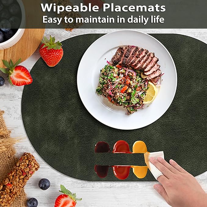 ADRIMER Placemats, Heat Resistant Oval Placemats Set of 4 Washable 12 x 17 Inch, Waterproof Table Mats, Wipeable Pu Place Mats for Kitchen, Dining Room, Olive Green