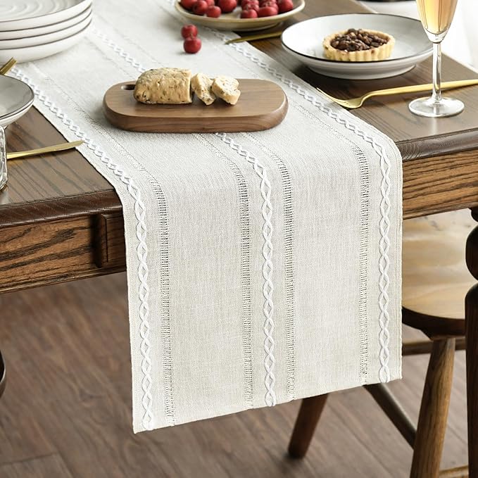 Artoid Mode Beige Rustic Cotton Linen Table Runner, Seasonal Embroidered Hollow Kitchen Dining Table Decoration for Home Party Decor 13x72 Inch