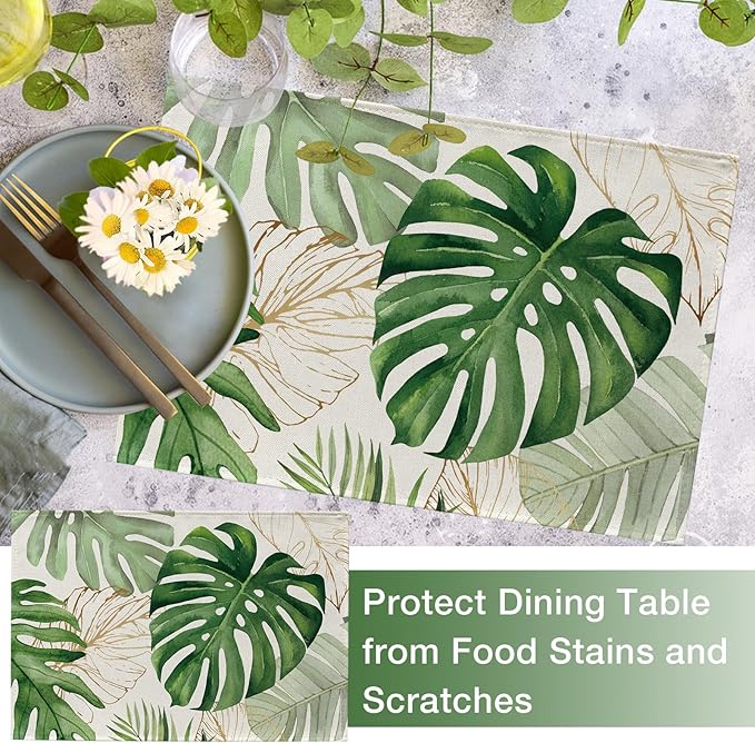 Seliem Spring Summer Palm Leaves Placemats Set of 4, Tropical Greenery Monstera Plant Dining Table Place Mats, Hawaii Seasonal Kitchen Decor Home Decoration 12 x 18 Inch
