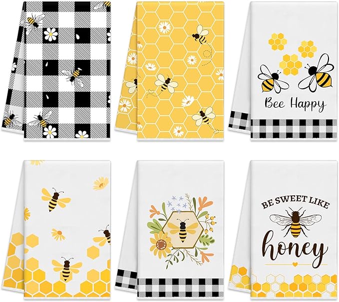 Oudain 6 Pcs Bee Kitchen Towels Honey Bee Kitchen Decor 15.8 x 23.6 Inches Dish Hand Tea Towels for Bathroom Home Housewarming Gifts