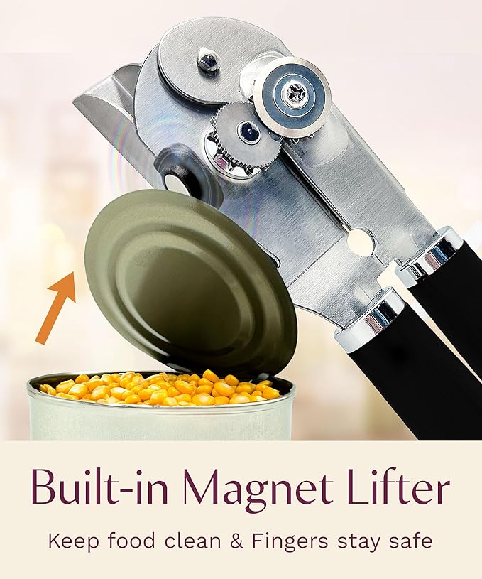 Premium Multifunction Magnetic Manual Can Opener and Bottle Opener, Heavy Duty Stainless Steel Sharp Cutting Blade and Oversized Easy Turn Knob, Soft-Touch Handle, Kitchen Use, Black