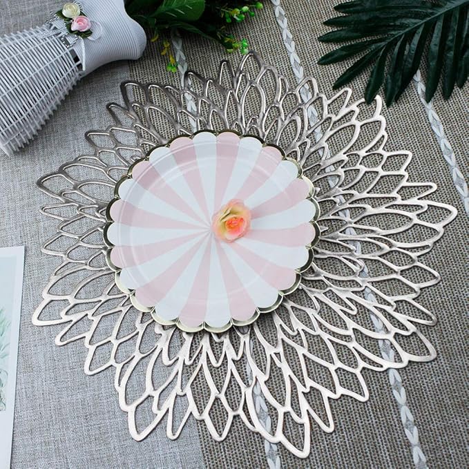 AdasBridal Silver Round Placemats for Dinner Table Set of 6 Hollow-Out Vinyl Place Mats for Kitchen Table Decor Wedding Accent Centerpiece Table Mats