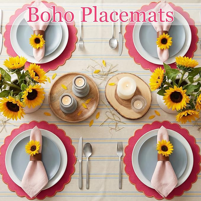 Set of 6 Round Placemats 15 Inch Cotton Scalloped Embroidery Placemat Washable Double Layered Rustic Dinner Table Mat Decor Fabric for Hotel Restaurant Kitchen(Hot Pink/Orange,Classic)