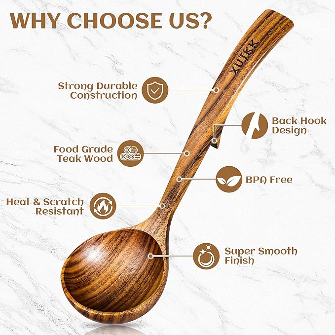 Wooden Ladle for Soup, Set of 3 Natural Teak Wood Ladle with Back Hooks, Wooden Soup Ladle for Cooking, Serving and Stirring | Comfortable Grip, Heat-Resistant &Non-Stick Teak Wooden Utensil Set