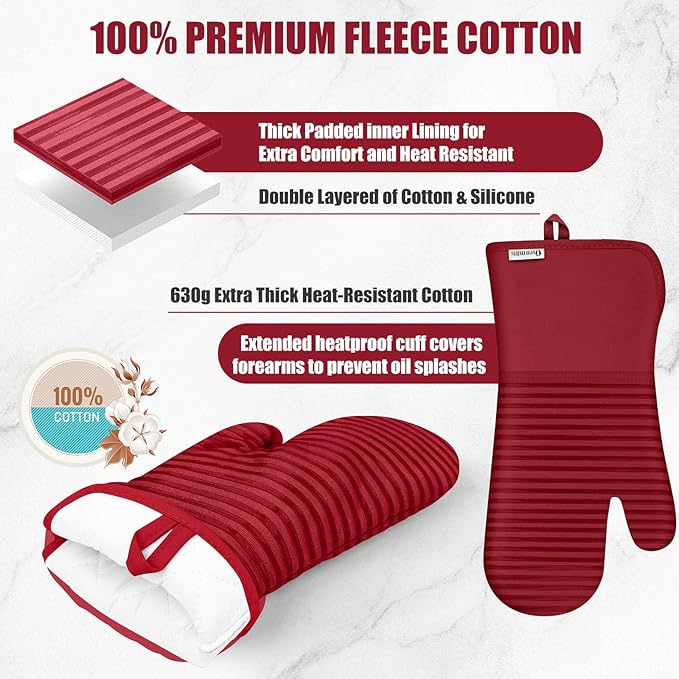 Oven Mitts and Pot Holder Sets with Silicone Grip, 500°F Heat Resistant-6 Pack Dishcloth/Dish Towels for Kitchen 100% Cotton-Value Kitchen Essentials for Cooking, Baking, Grilling-Red