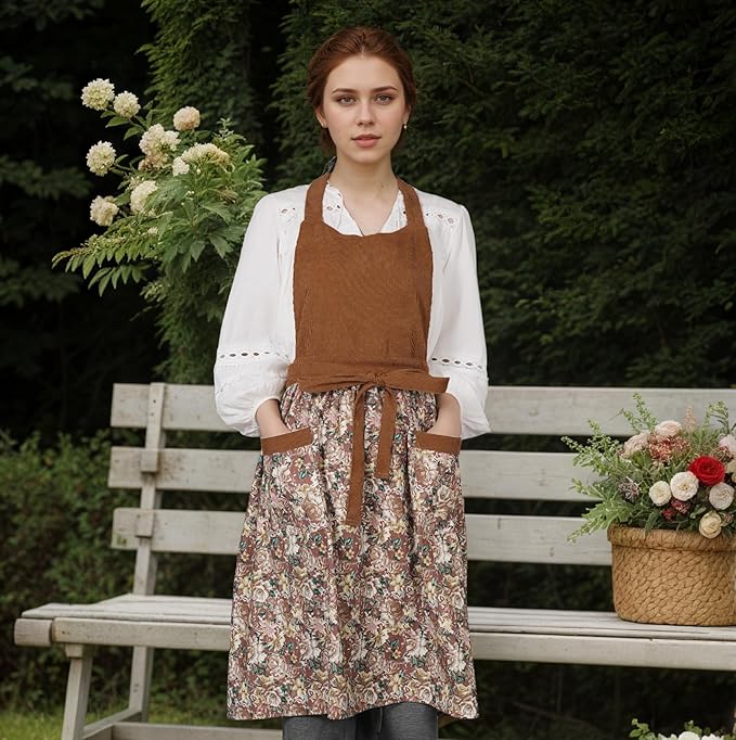 Cute Floral Aprons for Women with Pockets,Cotton Adjustable Neck Strap Apron for Kitchen Cooking Baking Gardening