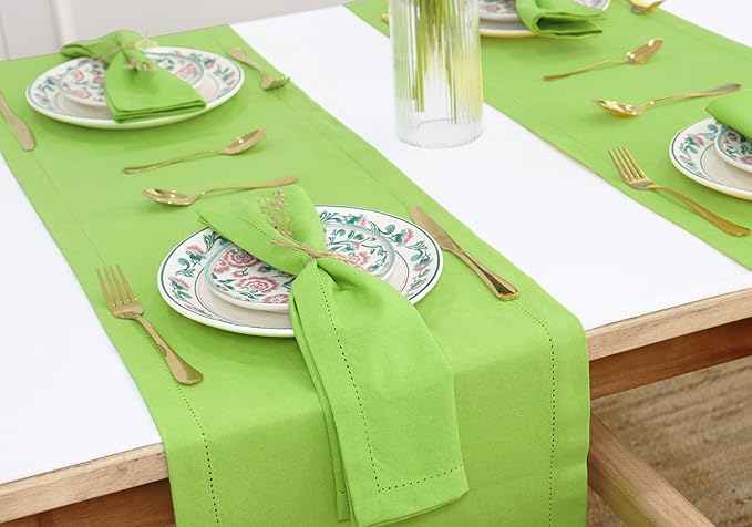PurpleEssences Set of 12 Hemstitch Cloth Dinner Napkins 100% Cotton - Soft Durable Washable - Ideal for Wedding Spring Easter Summer - Perfect Everyday Use Table Linen 18x18 - Apple Green