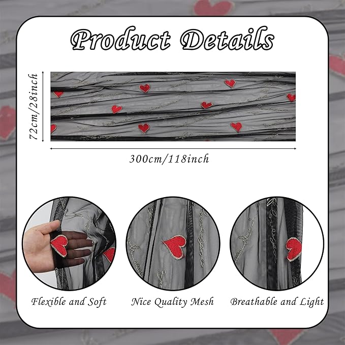 YATOJUZI Black Table Runner Red Heart Embroidery Valentine's Day Decorations Black Tulle Dining Table Runners for Home Kitchen Decor Anniversary Wedding Party