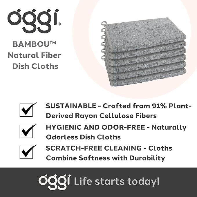 Oggi Bambou Odor-Free Kitchen Washcloths - Natural Kitchen Dish Cloths, 91% Bamboo-Derived Rayon Cellulose Fiber, Reusable, Absorbent, Hygienic, Fast Dry, Durable, Non-Scratch, Lint-Free - 6 pcs, 7x9