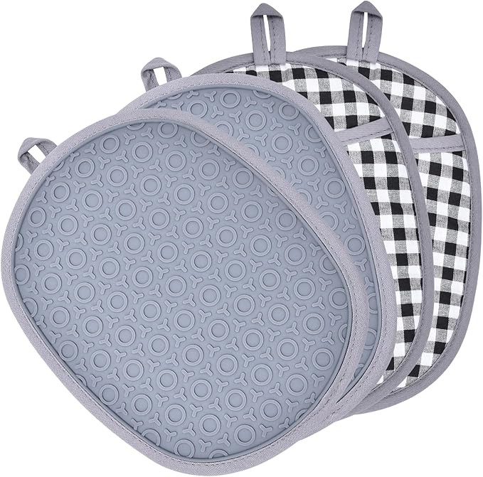 4-Pack Silicone Pot Holders for Kitchen Heat, Non-Slip Hot Pads with Hanging Loops, Quilted Liner Oven Mitts Alternative, Waterproof Trivets for Countertops Hot Pots and Pans (Plaid)