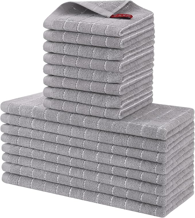 Homaxy Kitchen Towels and Dishcloths Set, 12 x 12 and 13 x 28 Inches, Set of 16 Bulk Cotton Terry Kitchen Towels Set, Checkered Designed, Soft and Super Absorbent Dish Cloths, Light Grey