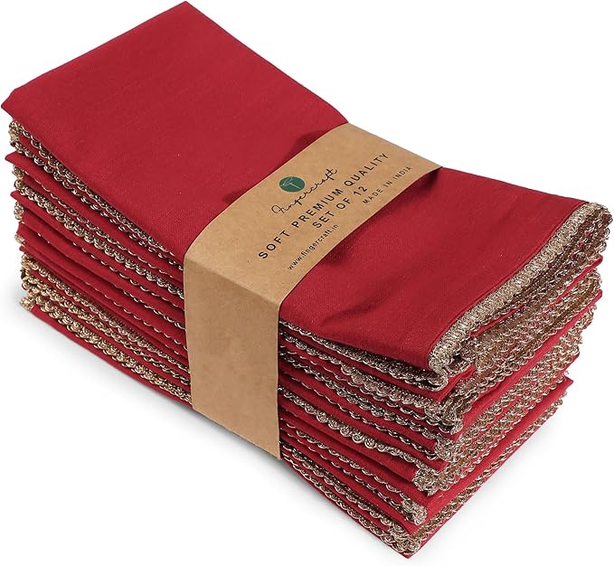 FINGERCRAFT Dinner Cloth Napkin Cotton Blend 12 Pack Mitered Corners with Elegant Golden Lace for Everyday Use Napkins are Pre Shrunk and Good Absorbency Wedding Christmas Special Color Tango Red