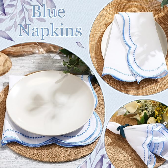 Hahafelt 6 Set Cloth Napkins 18x18inches Scalloped Embroidery Cloth Napkins Washable Polyester Table Dinner for Hotel Restaurant Weddings Events Parties (Blue)