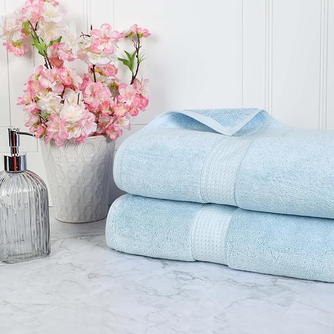 SUPERIOR Egyptian Cotton Pile Bath Sheet Set of 2, Ultra Soft Luxury Towels, Thick Plush Essentials, Absorbent Heavyweight, Guest Bath, Hotel, Spa, Home Bathroom, Shower Basics, Light Blue