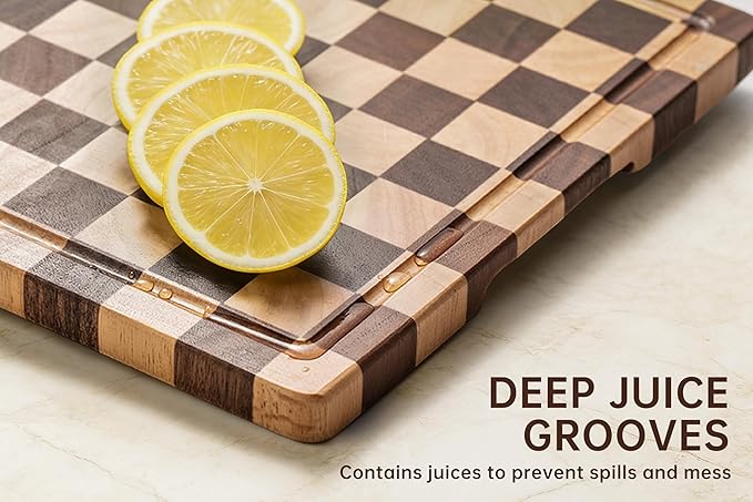 Checkered Cutting Boards for Kitchen, Wooden Chopping Board with Juice Grooves & Handles, Acacia Decorative Cutting Board Butcher Block Serving Tray with Gift Box, 16.5" x 11.6" x 0.8"