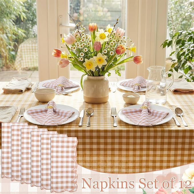 SmoothNovelty 12 Pack Buffalo Plaid Cloth Napkins 18x18 Inch Spring Checkered Cloth Napkins Scalloped Soft Cotton Table Mat Washable Reusable for Dinner Wedding Birthday Parties (Classic,Khaki)
