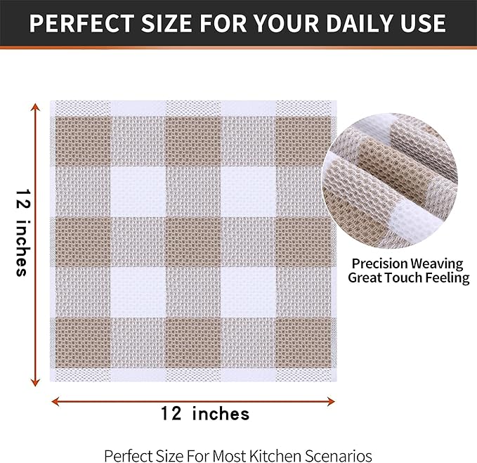Homaxy 100% Cotton Waffle Weave Check Plaid Dish Cloths, 12 x 12 Inches, Super Soft and Absorbent Dish Towels Quick Drying Dish Rags, 8-Pack, White & Khaki