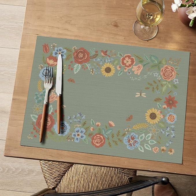 Artoid Mode Sage Florals Butterfly Spring Vinyl Placemats Set of 4, Washable Non-Slip Plastic Table Mats for Vintage Holiday Party Kitchen Dining Decor
