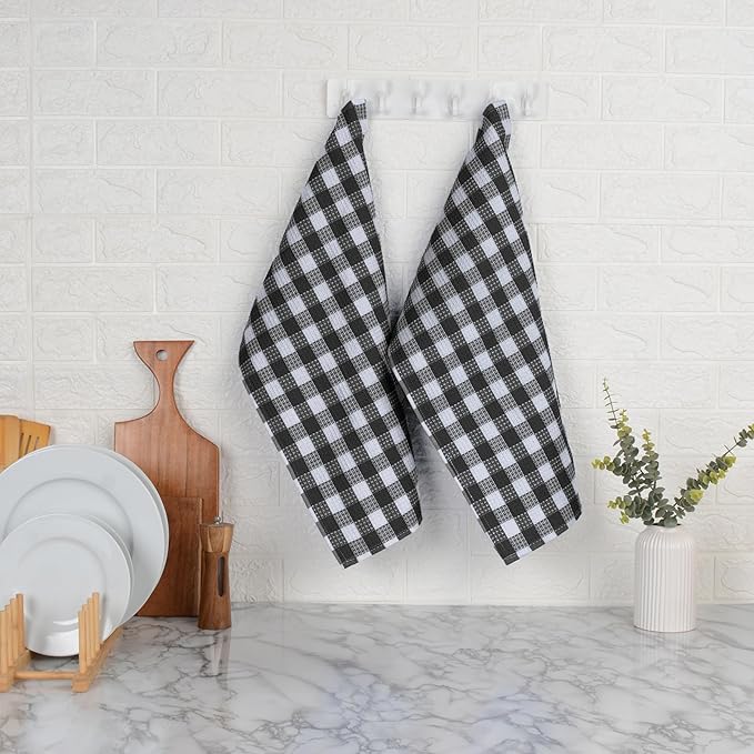Blue Needles Set of 6 Waffle Weave Kitchen Towel, 15x25 Inches 100% Cotton Check Plaid Dish Towels for Kitchen, Soft & Absorbent for Quick Drying with Hanging Loop, Spring Summer - Black & White