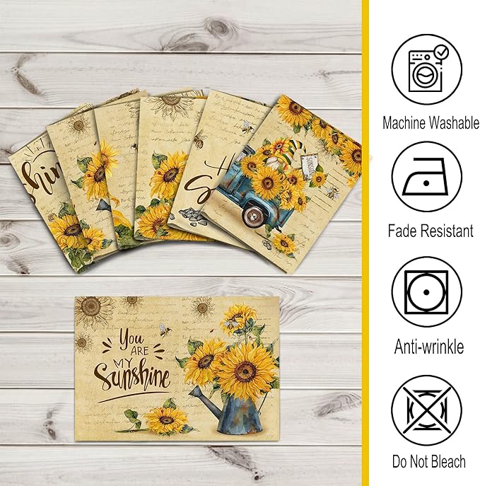 pinata Sunflower Linen Square Spring Placemats Set of 6, Sunflower Table Decor, Vintage Spring Summer Gnome Truck Washable Table Mats for Farmhouse Holiday Indoor Outdoor Party Dining Decoration