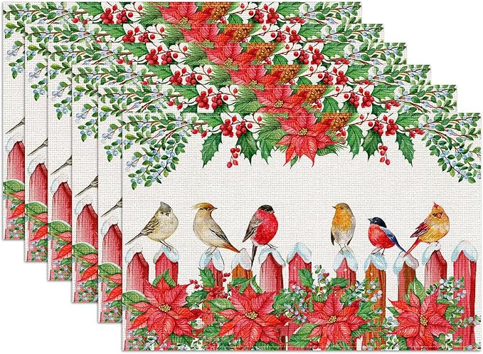 Christmas Birds Placemats Set of 6, Winter Red Cherry Linen Place Mat Washable Stain Resistant Table Mats for Farmhouse Kitchen Dining Party Wedding Decor 12x18 Inch
