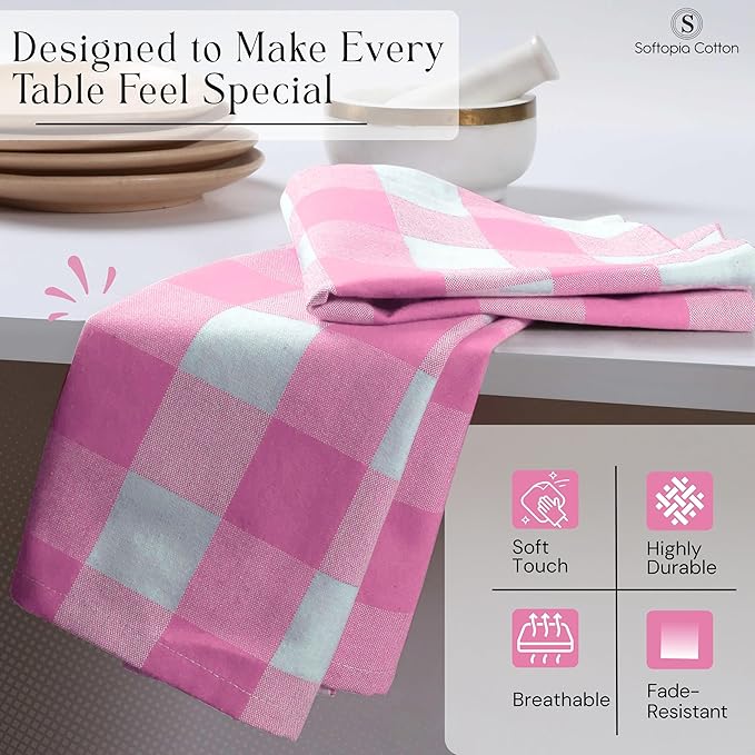 Pink Buffalo Plaid Cloth Napkins 4 Pack, 16x16 Inches, 100% Cotton, Soft, Durable Fabric, Washable Checked Table Linen for Easter Brunch, Spring Parties, Dining, Rose Pink and White
