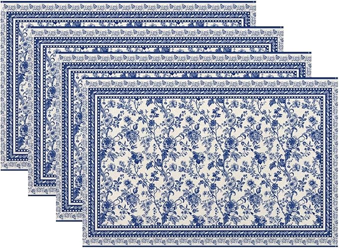 Floral Placemats 12x18 Inch Set of 4, Flower Print Linen Table Place Mat Neutral Vintage Decoration Washable Table Mats Blue Floral Decorative Linen Fabric Table Mat for Dining Table