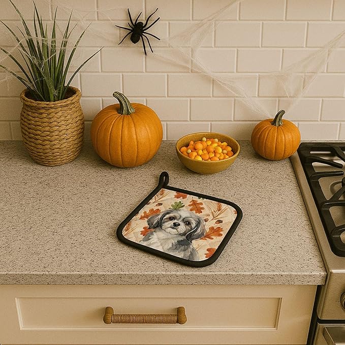 Caroline's Treasures Grey and White Tibetan Spaniel Heirloom Fall Pair of Pot Holders Pair 7.5x7.5 Quilted Insulated Hot Pads Decorative Kitchen Gift Made in USA