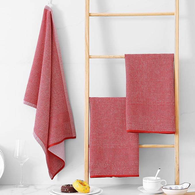 Homaxy Premium Kitchen Towels(18”x 28”, 8 Pack), Large Cotton Kitchen Hand Towels, Flat and Terry Dish Towels, 380 GSM Highly Absorbent Tea Towel Set with Hanging Loop, Red