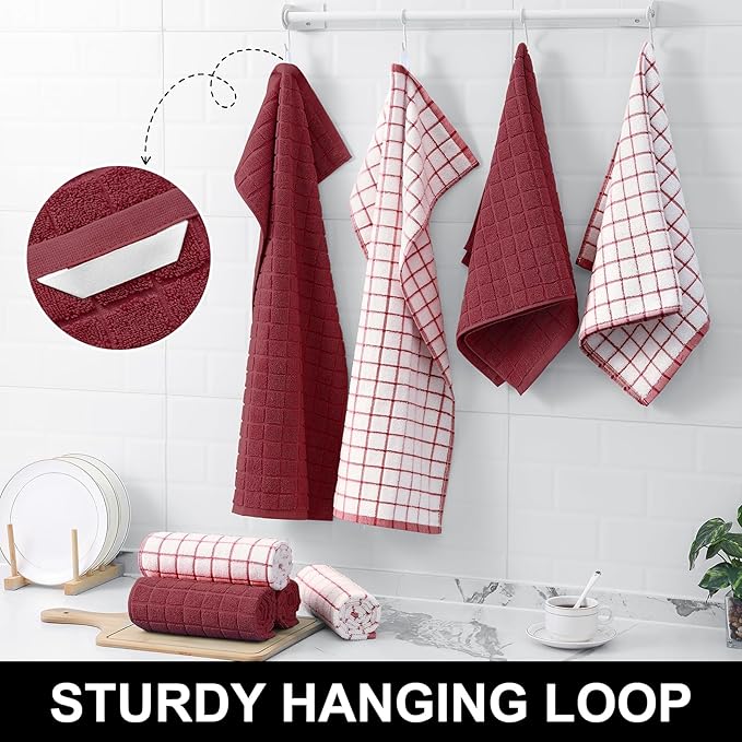 Homaxy Premium Cotton Kitchen Towels 16"x 28", Large Natural Ring Spun 390 GSM Dish Towels, Super Absorbent Terry Kitchen Hand Towels, Soft Tea Towels with Hanging Loop, Red Check Design, 8 Pack