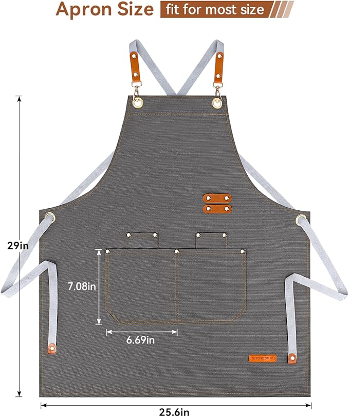 Teskyer Kitchen Cooking Apron with Pockets, Water Oil Resistant, Canvas Cross Back Aprons for Men Women Chef Server